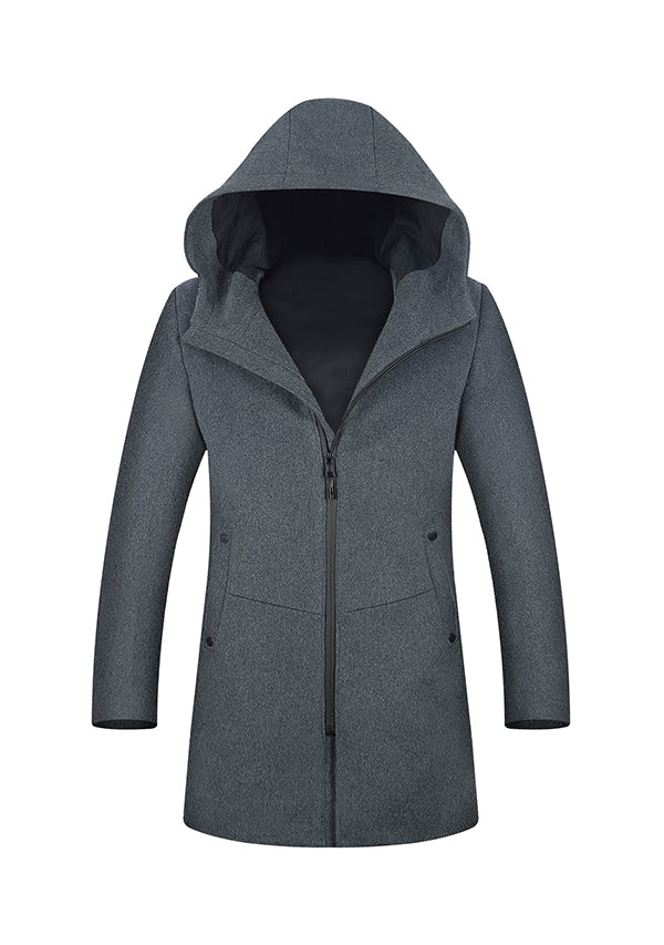 Men's Grey Zipper Hooded Wool Peacoat